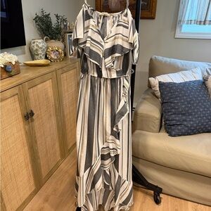 Striped Off-Shoulder Spaghetti Strap High Low Maxi Dress